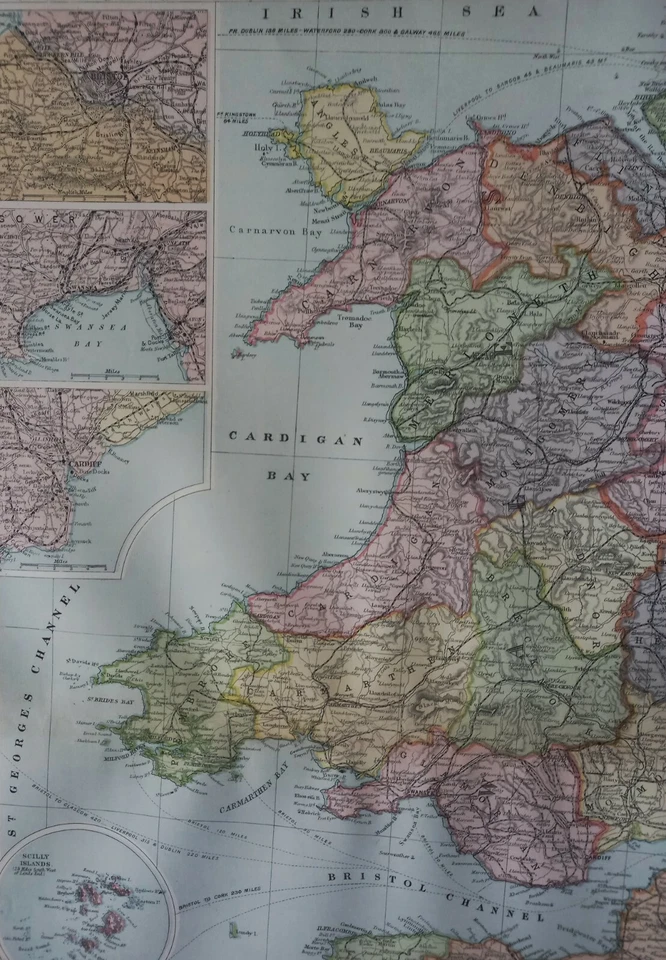 1904 South West England & Wales map. 118 years old.  Antique. Large size. — 第 3/4 张图片