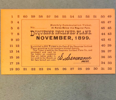 Antique 1899 Duquesne Inclined Plane Ticket Pittsburgh PA Railroad Ephemera Mint