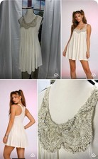 Y2K 00s Beachy Flowy Beaded Mini Dress M Boho Racerback crochet Sequin Bib Neck