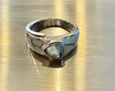 S/S .925 WHITE FIRE CREATED OPAL RING Set With TRIANGLE SHAPE BLUE TOPAZ  Sz 8