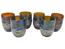 6 FREDRICK WARREN 1897 12OZ ART GLASS TUMBLERS AMBER WITH IRIDESCENT SWIRL