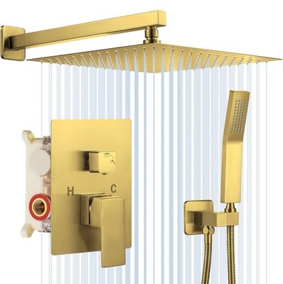NERDON 12'' Brushed Gold Shower System   Rain + Handheld, Valve & Trim Kit   New