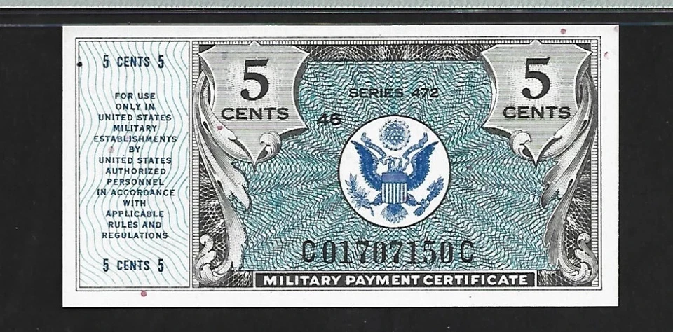 WW2-US Military Payment Certificate 5 Cents PMG 65 EPQ UNC Series 472 P#S821-1 - Image 2 of 4