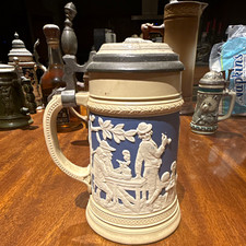 W. Germany 1/2L Lidded Beer Stein Breweriana Blue & White Relief Scene