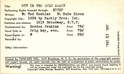 Tune-Dex Card: Out in the Cold Again (1943) Lead Sheet Brill Building ASCAP