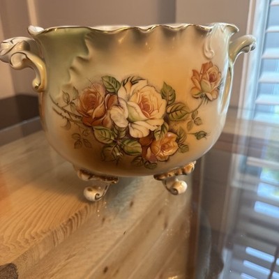 R S PRUSSIA Planter Bowl Yellow & White Roses Large Footed Handles Gold Gilt Cpx