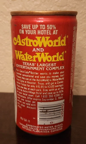 Vintage 1980s Coca Cola Coke Astroworld Waterworld Flat Top 12oz Empty Can Texas