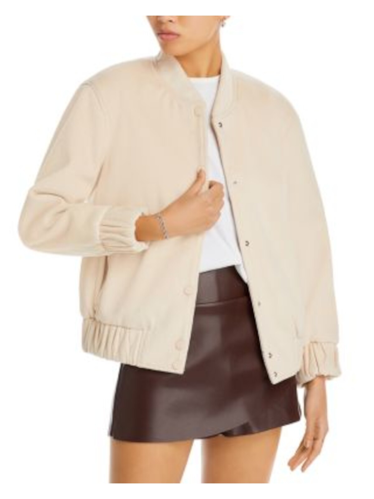 ENDLESS ROSE Womens Beige Pocketed Snap Front Varsity Style Jacket XS
