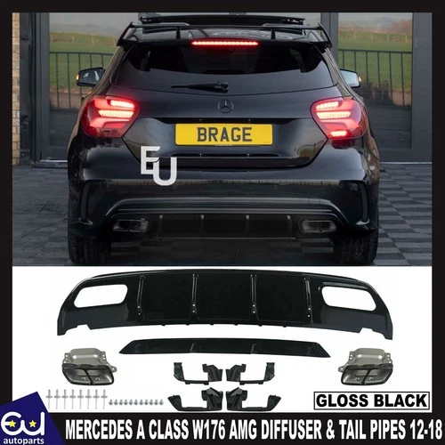 REAR DIFFUSER FOR MERCEDES A CLASS W176 AMG A45 LOOK TAIL PIPE GLOSS BLACK 12-18