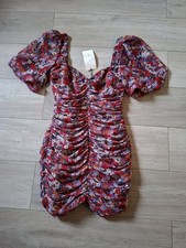 Zara Red Floral Sheer Ruched Short Dress Wiggle BNWT Glitter Thread Party UK8/10