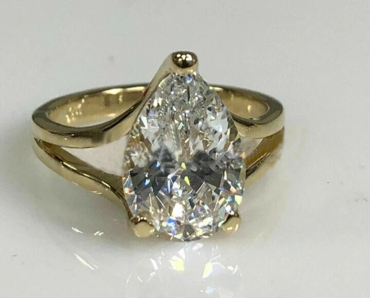 Solid 14K Yellow Gold Moissanite Split Shank Engagement Ring 3 CT Pear Cut VVS1 - Image 3 of 4