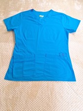 Wonder Flex Scrub Top/Shirt Women s Size Small Blue With Purple Stitch Pockets