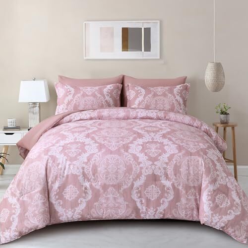 Comforter Set Size,Damask Texture 7 Pieces Bed in a Bag Microfiber Queen Pink-image