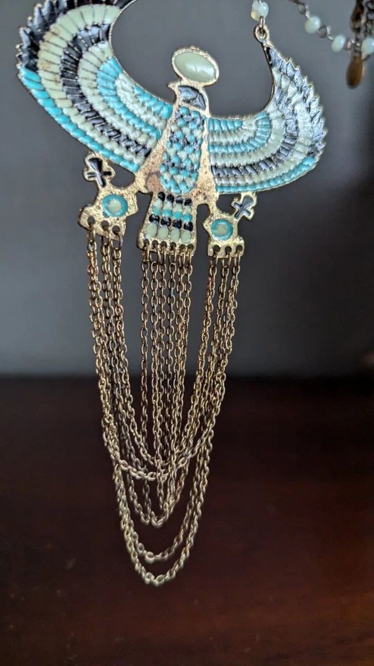 Zad Eagle Fringe Necklace Horus Long Statement Beaded Blue Black Egyptian Boho - Image 3 of 4
