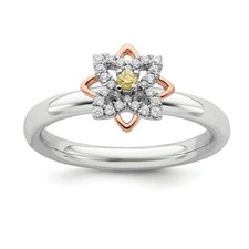 Rose-Plated Flower Citrine and Diamonds Ring, Sterling Silver Stackable Ring