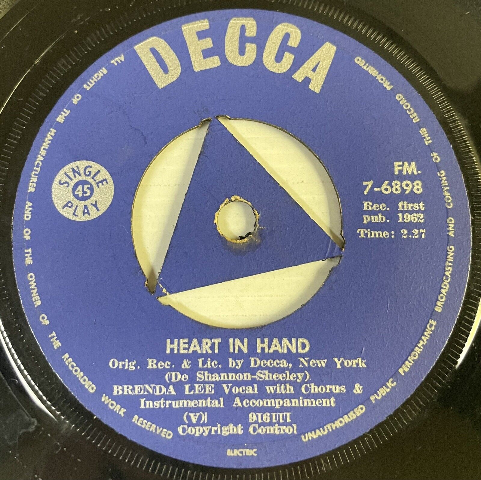 Brenda Lee Heart In Hand Vinyl Record 7” 45 RPM FM.7-6898 Decca 1962 SA