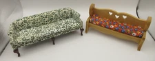 Vtg Rinco Dollhouse Miniatures Wood Couch Red + Sofa Green Floral Cushions FLAW