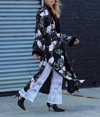 Zara Pájaro Impreso Kimono Chaqueta Vestido Kaftán Patrón Color Verde Musgo  | eBay