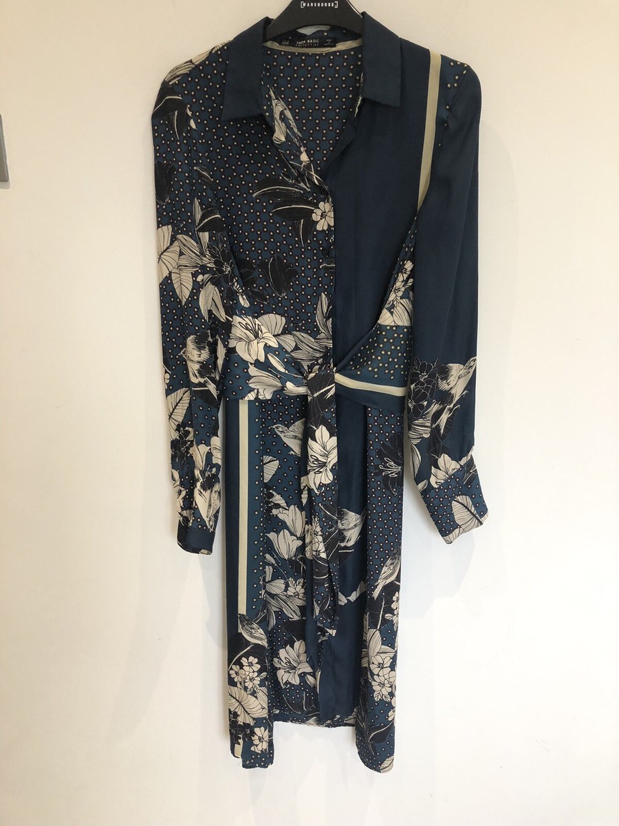 Fashion Zara Scarf Print Shirt Dress Zara Teal Blue Floral