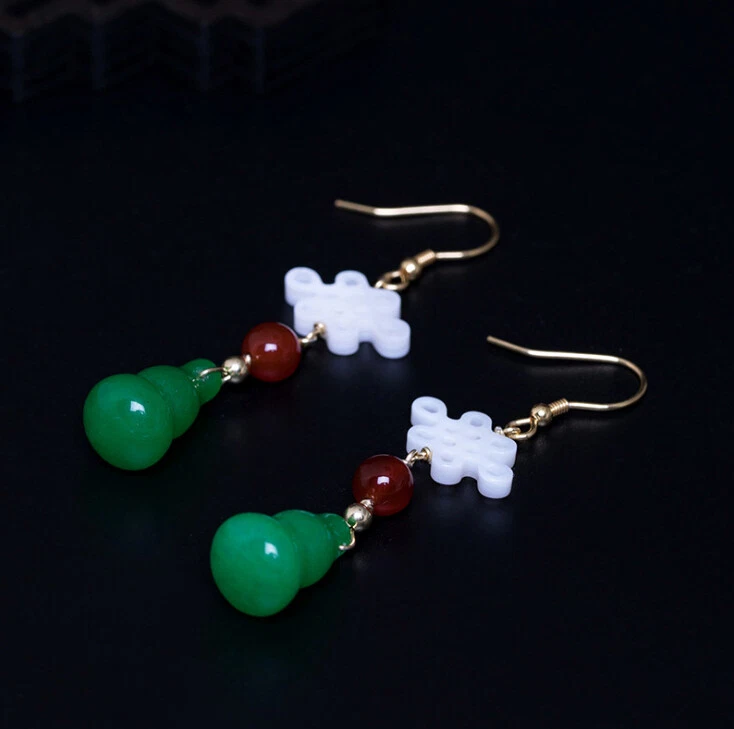 I04 Orecchini Argento 925 Dorato Con Giada E Sfera Di Rosso Agata - Immagine 3 di 4