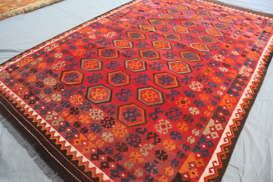 Alfombra Kilim Maimana Afgana 6x10 - Patrón Medallón Tribal Hexágono - Rojo y Naranja Foto 4 de 4