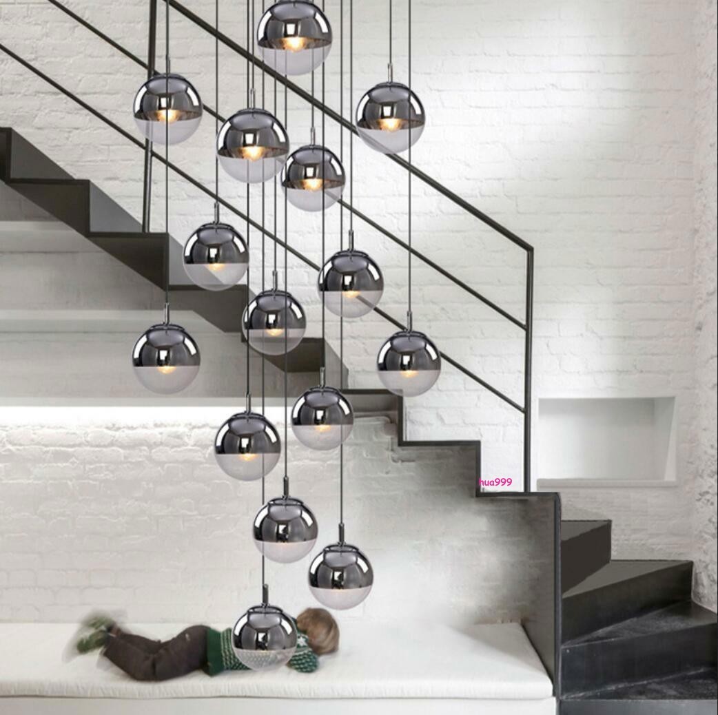 Glass Globe Chandelier Staircase Fixture Ceiling Light LED Pendant Suspension
