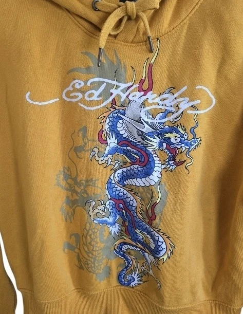 Sudadera corta Ed Hardy para mujer color amarillo caléndula dragón colorido. Talla mediana Foto 2 de 4