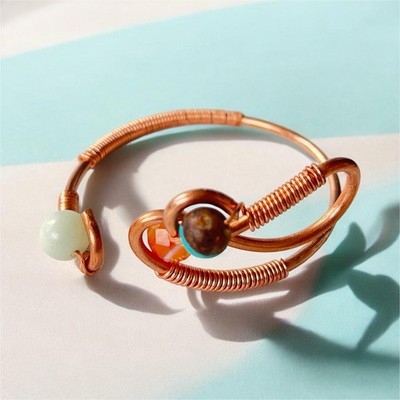 Copper Wire Cuff Bracelet w/ Multicolor Beads, Adjustable Hook Closure