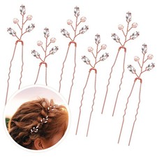 Syhood 6 Pieces Pearl Crystal Bridal 3.7 Inch Hair Pins Rhinestone Rose Gold