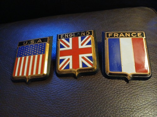 Set Of 3 VERY RARE Vintage USA ENGLAND FRANCE Drago Paris Automotive Car Badge