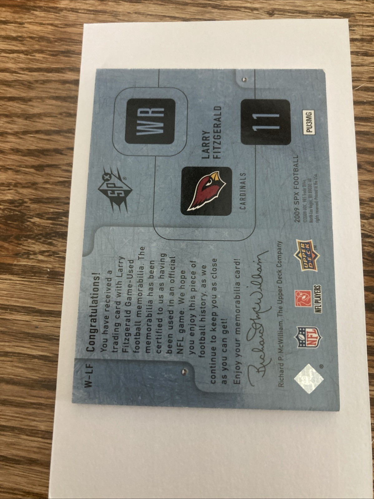 2001 SPX Larry Fitzgerald Winning Materials Game Used Jersey Card 10/50 view 3