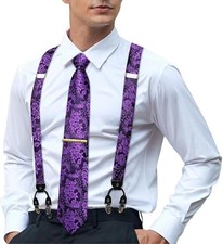 Men's Suspenders and Tie Set Adjustable Y Braces and Pocket Square Set Strong...