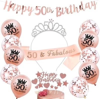 WENDERGO 50th Birthday Sash Tiara Rose Gold Birthday Party Decorations, Banner Balloons