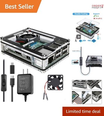 Raspberry Pi 3 Case with Fan Heat-Sinks Power Supply Cooling Acrylic White
