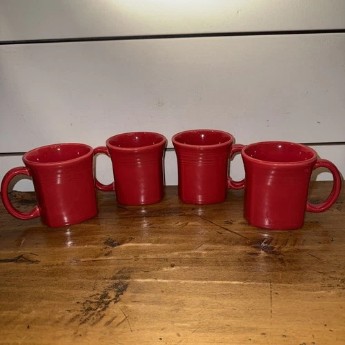 Scarlet Fiesta Ware Homer Laughlin Square Bottom Coffee Mugs D Handle Set of 4