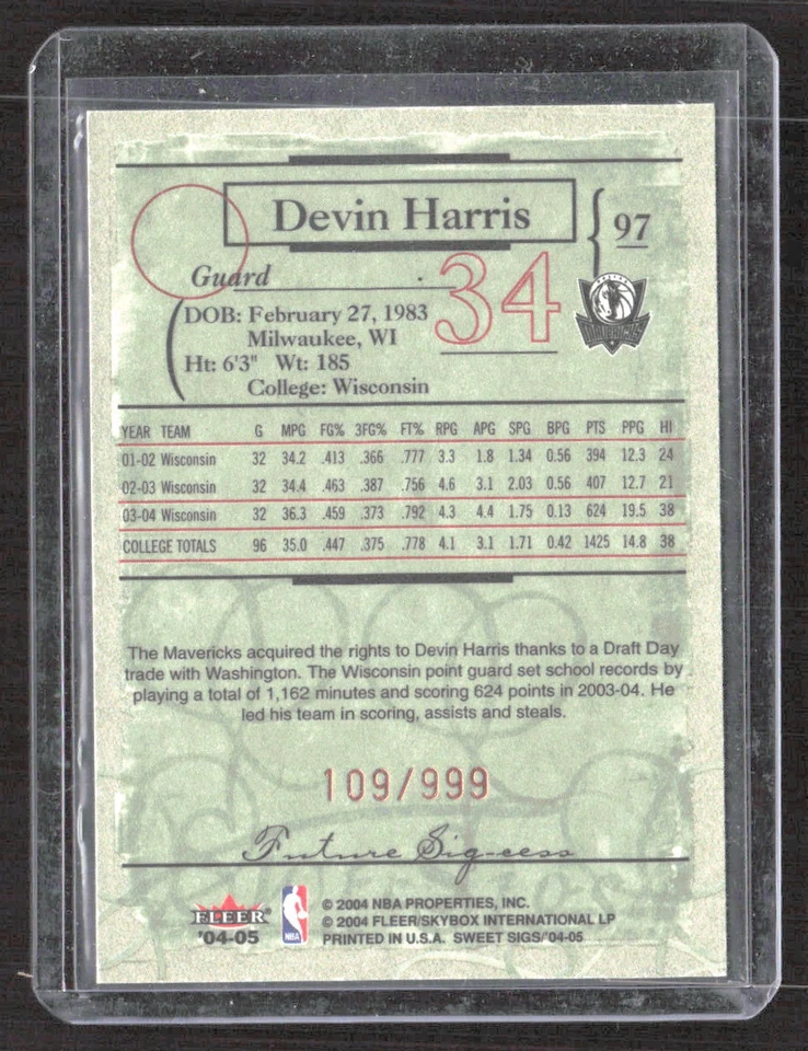 Devin Harris 2004-05 Fleer Sweet Sigs Mavericks SN,RC #97 109/999 - Image 2 of 2