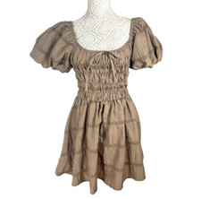 Pretty Little Thing Mini Dress Brown Shirred Aline Women's UK Size 8