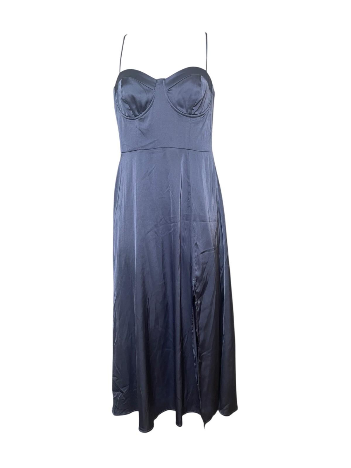ASTR The Label Blue Satin Midi Slip Dress Size Small Adjustable Straps Slit