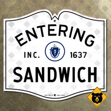 Entering Sandwich Massachusetts city limit highway road sign Cape Cod 1950 12x10