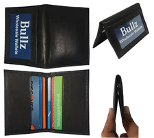Men's New Thin Black Bifold Genuine Leather Wallet ID Credit Card Money Holder.