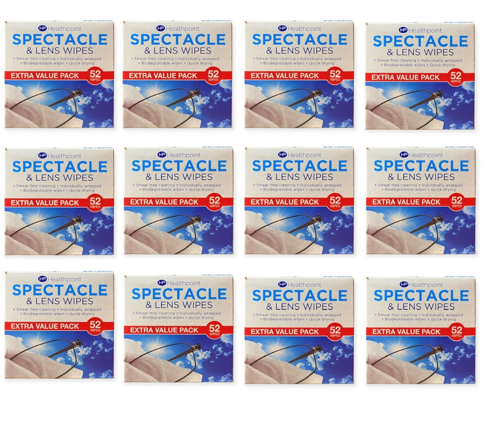 Pack of  12 Healthpoint Spectacle & Lens Wipes  (Total 624 Wipes)  Smear-Free