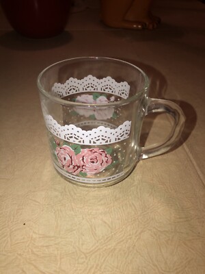 Vintage Carlton Luminarc Pink Lilly Handled Mug Cup Clear Glass