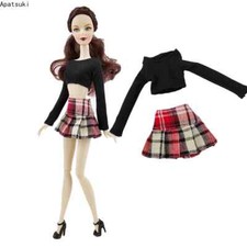 Fashion Clothes Set For 11.5in. Doll Black Crop Top Plaeated Skirt Shoes Outfits