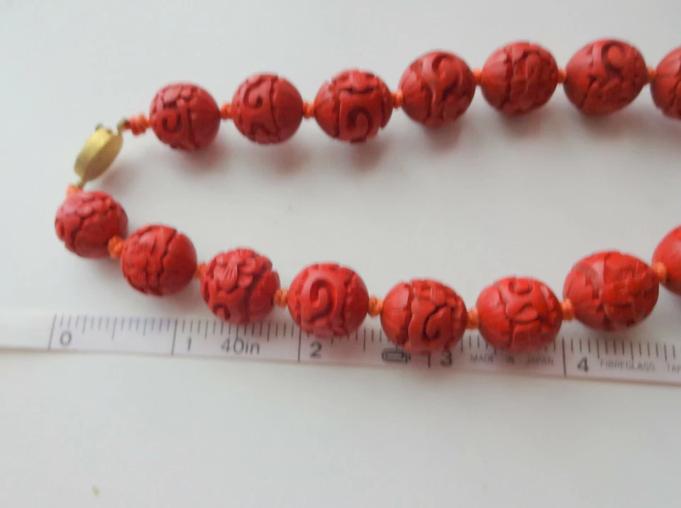 Vintage Old Chinese Dip Carved Red CINNABAR 29" Long 15mm Bead NECKLACE Knotted  Foto 4 de 4
