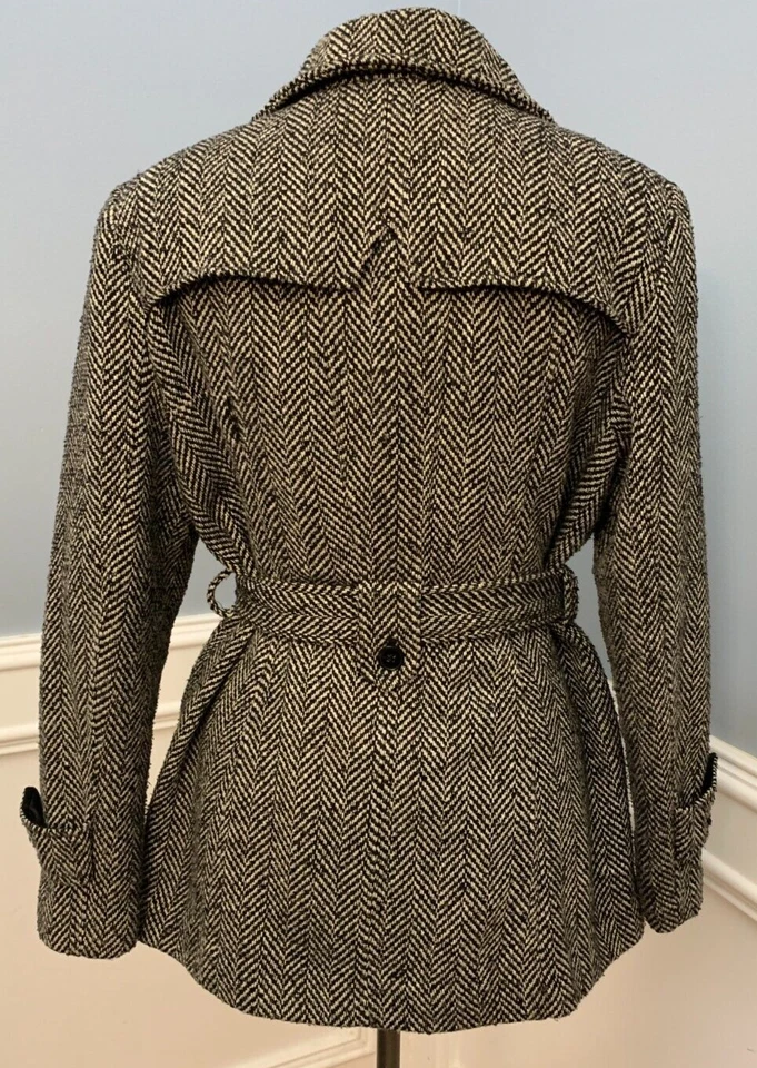 Abrigo Nicole Miller para mujer L tweed trinchera forrado en espiga chaquetón con cinturón Foto 3 de 4