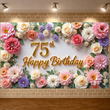 Flower 75th Birthday Banner Decorations for Women Pink Roses Floral Happy 75t...