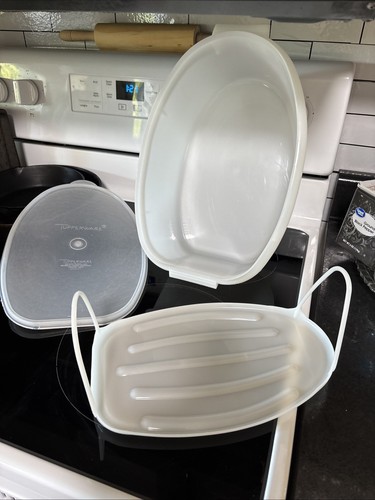Vintage Tupperware Roast Flavor Saver Set Ham Turkey Keeper White #487 + Insert - 第 1/10 張圖片