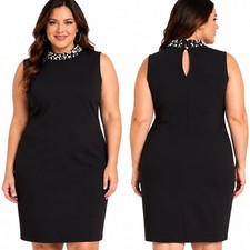 Cato Black Shift Dress Womens L Pearl Mock Neck Sleeveless Keyhole Cocktail New
