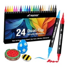 Acrylic Paint Markers, Dual Tip with Fine Tip and Brush Tip Pens for 24 Colors