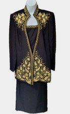 Vintage 80s Beaded Embroidered Jacket Blazer Skirt Set Evening Suit Black 14